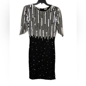 Vintage Beaded Drama 100% Silk‎ Sequin Black White Formal Flapper Dress Small